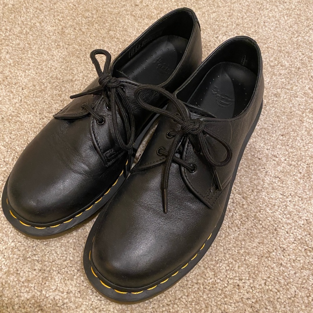 Dr. Martens Black Leather Oxfords with Yellow Stitching